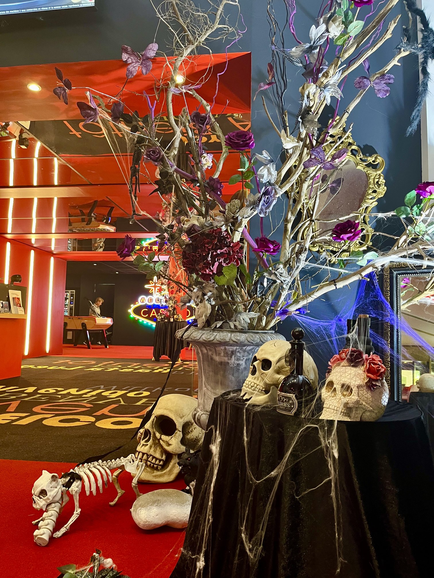 Composition d'Halloween en branches, roses artificielles violettes et crânes décoratifs au Casino Partouche Bandol
