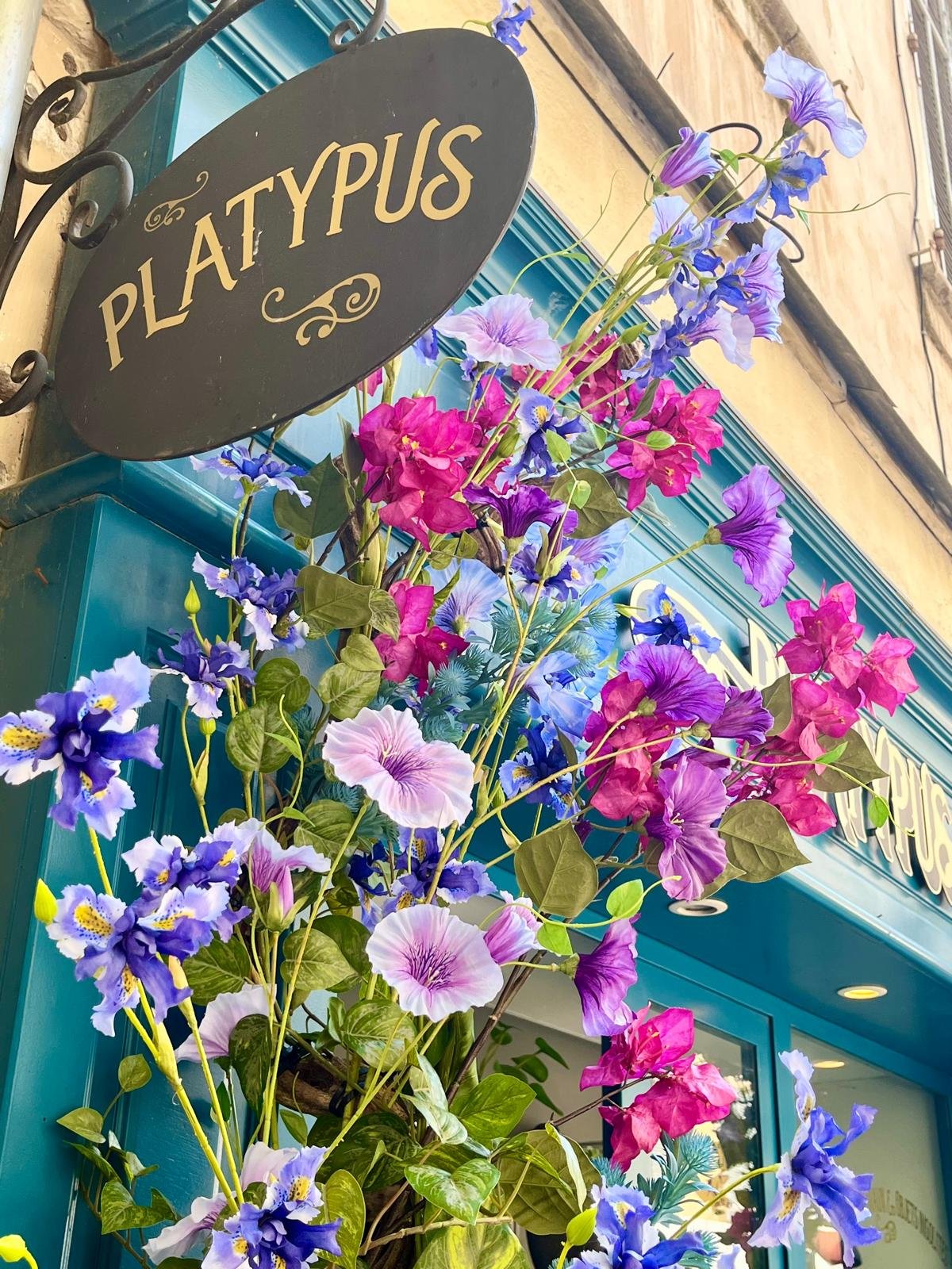 Détail des fleurs artificielles violettes, roses et bleues encadrant l'enseigne Platypus
