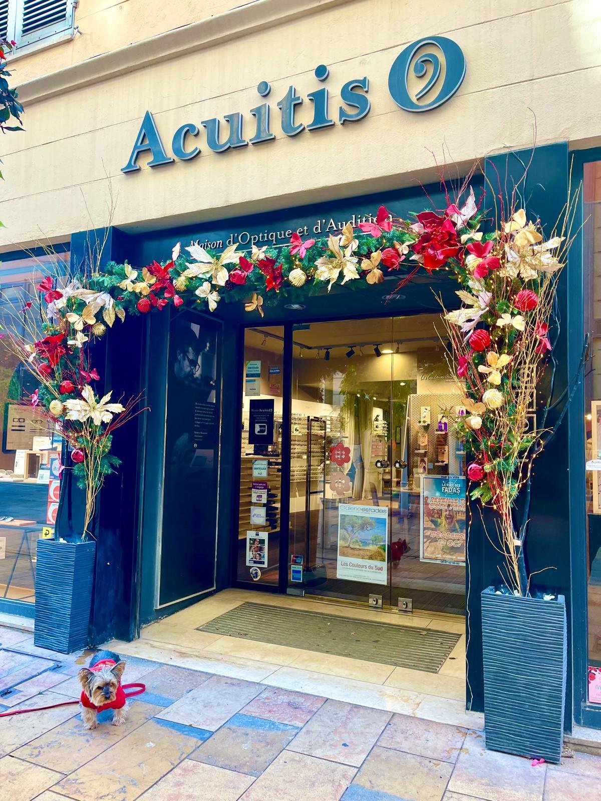 Devanture du magasin d'optique Acuitis décorée de sapins fleuris rouges et dorés pour Noël