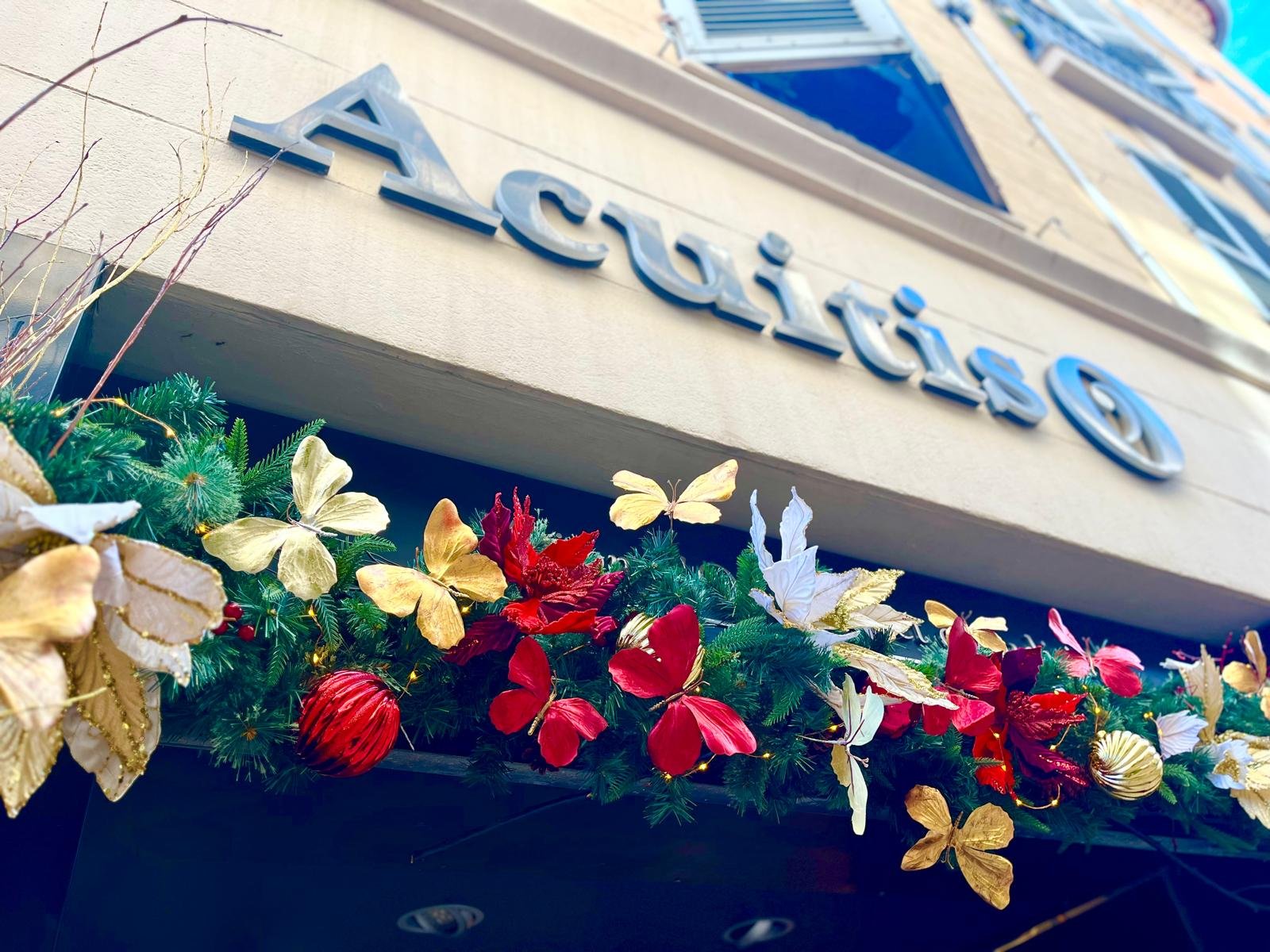 Guirlande de Noël avec papillons dorés et blancs et fleurs rouges au-dessus de l'enseigne Acuitis